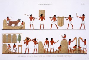 Transporte, Armazenamento e Gravação das lojas de cereais, a partir de um Raro Registo de Frescos de Tebas, gravado em 1819-1822 na sua segunda visita ao Egipto por Frederic Cailliaud (1787-1869), cor litho