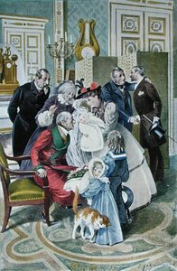 A visita aos avós, depois de uma aguarela original, no final do século XIX (cor litho) de Frederic (after) Regamey