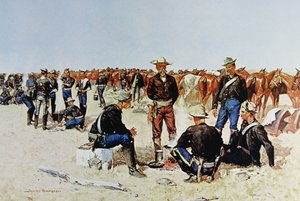 Um Pequeno Almoço de Cavalaria nas Planícies, de uma pintura a óleo c.1890 (cor litho)