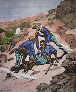 O Resgate do Cabo Scott durante a campanha Geronimo de 1886 (gravura colorida)