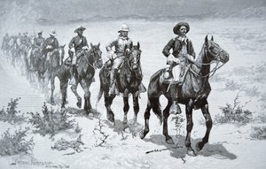 Soldados Búfalos dos EUA marchando no deserto, a partir de um desenho de 1888 (gravação)