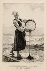 Um jovem Bretonne Winnowing trigo mourisco à beira-mar, gravado por Cadart em 1874 (impressão)