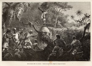 Abd es Samate, amigo e tenente de Mounza, rei dos Mombuttous, desafia os seus inimigos os Zandes (ou niam niam) que lhes declararam guerra, gravando após o desenho de Laguillermie, ilustrando uma viagem ao coração de África, em 1868-1871, por