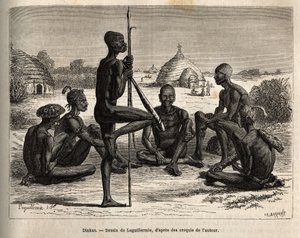 Dinkas da aldeia de Koudj (Senegal), cujo corpo coberto de cinzas, para os proteger dos insectos e parasitas é também uma característica estética e social, gravada depois do desenho de Laguillermie, ilustrando a viagem ao coração de África em 1868-1871