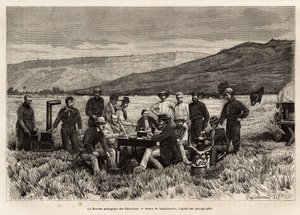 A missão geológica dos Estados Unidos é jovem na planície, gravada após o desenho de Laguillermie, ilustrando um conjunto de missões geográficas através do Parque Nacional dos Estados Unidos, de 1870 a 1872, pelos senhores Hayden, Doane e Langford, publica