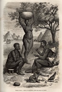 Tipos e actividades de mulheres Bongos (Sudão Central), com os seus adornos metálicos, sinos e agrafos que colocam nas orelhas e lábios, gravados após o desenho de Laguillermie, ilustrando a viagem ao coração de África em 1868-1871, pelo Dr. Geor