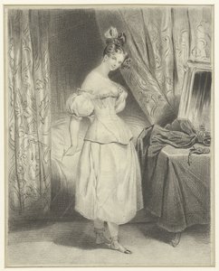 Jovem mulher no quarto, desabotoando o corpete do seu espartilho