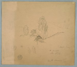 Um telhado de palha e um telhado de telhas com copas de árvores em uma paisagem montanhosa perto de Chimborazo, Ambato, Equador de Frederic Edwin Church