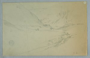 Desenho, Vale da montanha andina com riacho sinuoso, Colômbia ou Equador, 1857 de Frederic Edwin Church