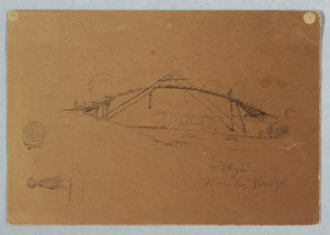 Desenho, Ponte de bambu em Buga, Colômbia e rapariga carregando um frasco, Cartago, Colômbia, julho de 1853 de Frederic Edwin Church