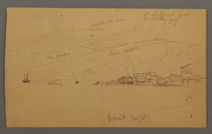 Desenho, Baía com casas, montanhas por trás, janeiro de 1868 de Frederic Edwin Church