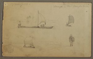 Desenho, Bungoes: Esboços de barcos à vela e trabalhadores, ao longo do Rio Magdalena, Colômbia, maio de 1853 de Frederic Edwin Church