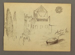 Desenho, Castelo na água, barco, árvores, possivelmente 1868 de Frederic Edwin Church