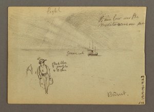 Desenho, Castelo na água, barco, árvores, possivelmente 1868 de Frederic Edwin Church