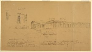 Desenho, templos gregos dóricos de Atena (anteriormente Ceres), Hera II (anteriormente Neptuno) e Hera I (anteriormente Basílica), Paestum, Salerno, Itália, abril de 1869 de Frederic Edwin Church