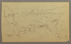 Desenho, Vale do Iémen, Arábia: Vista de um vale sinuoso com uma caravana, 20 de fevereiro de 1868 de Frederic Edwin Church