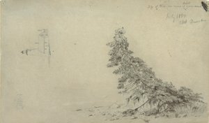 Desenho, Árvore perene perto da costa com um pormenor do farol e de uma casa, Mount Desert, Maine, julho de 1850 de Frederic Edwin Church