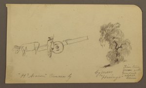 Desenho, Figura e carro de bois, cipreste; Verso: Vista do lago Cuitzeo, janeiro de 1885 de Frederic Edwin Church