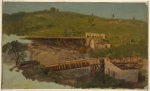 Desenho, Colina com viadutos e moinhos em ruínas, perto de Catskill, Nova Iorque, ca. 1865 de Frederic Edwin Church