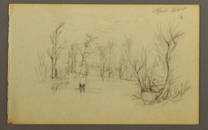 Desenho, lagoa Htakie (), duas pessoas em canoa, 1845 de Frederic Edwin Church
