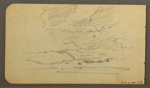Desenho, Homem num barco, rochedos, tronco de árvore, árvores, 1878 de Frederic Edwin Church