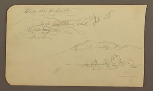 Desenho, Cordilheira, Cuautla, Igreja; verso: Cavalo agachado, anotações sobre a paisagem, fevereiro de 1885 de Frederic Edwin Church