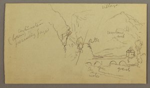 Desenho, Vale da Montanha, Ponte, Edifícios, possivelmente 1868-69 de Frederic Edwin Church
