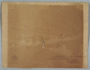 Desenho, Paisagem montanhosa com uma cascata, perto de Tuquerres, Colômbia, agosto de 1853 de Frederic Edwin Church