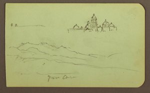 Desenho, Montanhas, Igreja; Verso: Figuras, Igreja, 1883 de Frederic Edwin Church