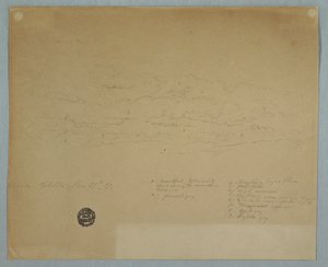 Desenho, Chuva caindo de um céu nublado sobre cumes de montanhas, Hacienda Chillo, Equador, 27 de julho de 1857 de Frederic Edwin Church