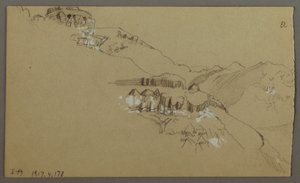 Desenho, parte direita de um esboço do vale do Iémen, Arábia: Vista distante, 20 de fevereiro de 1868 de Frederic Edwin Church