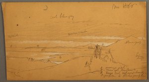 Desenho, Rio através do vale da montanha com céu e lua crescente, novembro de 1866 de Frederic Edwin Church