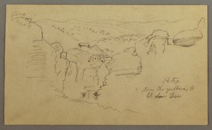 Desenho, esboço. Vista de Khirbet en Wasara "Petra / from the parthway to / El Deir", possivelmente 1868, fevereiro 26 de Frederic Edwin Church