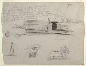 Desenho, Esboços da Colômbia - River Craft (Champan), uma Mulher, Grupo de Árvores, uma Casa de Frederic Edwin Church