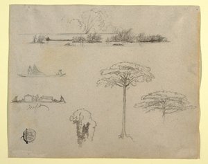 Desenho, Esboços da Colômbia: Paisagem fluvial, homens em jangadas e árvores, 1853 de Frederic Edwin Church