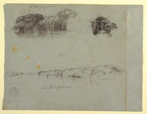 Desenho, Esboços de árvores, videiras e uma margem do Rio Magdalena, Colômbia, 1853, provavelmente maio de Frederic Edwin Church