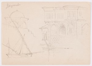 Desenho, Esboços de uma estrutura abobadada, navio e casa senhorial, janeiro de 1868 de Frederic Edwin Church