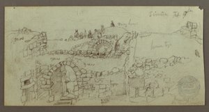 Desenho, edifício de pedra, homens reunidos no telhado, 17 de fevereiro, possivelmente 1868 de Frederic Edwin Church