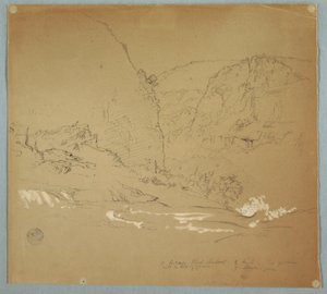 Desenho, riacho que leva à borda das cataratas perto de Hacienda Chillo, Equador, 26 de junho de 1857 de Frederic Edwin Church