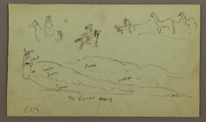 Desenho, Estudos de figuras em burros e burros, figura na serra, possivelmente 1868 de Frederic Edwin Church