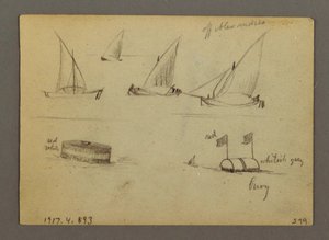 Desenho, pôr do sol sobre o mar, barco a vapor, possivelmente 1868 de Frederic Edwin Church
