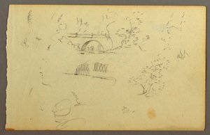 Desenho, Árvores, ponte, faces em perfil, possivelmente 1844 de Frederic Edwin Church