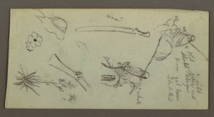 Desenho, Duas figuras montadas a cavalo, com lanças, espada, parte inferior de uma arma, etc., possivelmente 1868 de Frederic Edwin Church