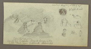 Desenho, Duas figuras e dois camelos junto a uma fogueira, Estudos de figuras e camelos, possivelmente 1868 de Frederic Edwin Church
