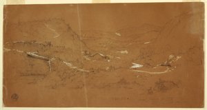 Desenho, Vale com uma ponte e casas, perto de Guaranda, Equador, 5 de junho de 1857 de Frederic Edwin Church