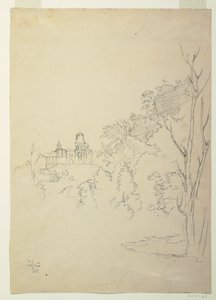 Desenho, Vista de Olana, a casa do artista, Hudson, Nova Iorque, ca. 1872 de Frederic Edwin Church