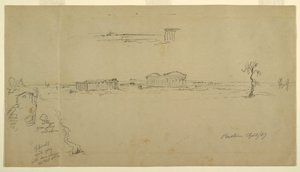 Desenho, Vistas da Basílica e do Templo de Neptuno, Paestum, Itália, abril de 1869 de Frederic Edwin Church