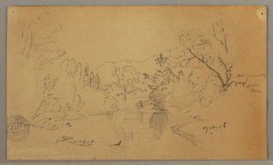 Desenho, Rio sinuoso num vale arborizado, Vermont, outubro de 1865 de Frederic Edwin Church