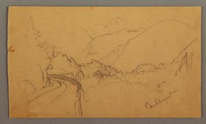 Desenho, Estrada sinuosa através do vale, casa, possivelmente 1868 de Frederic Edwin Church