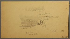 Desenho, topo de uma colina arborizada, vale montanhoso, sol, janeiro de 1866 de Frederic Edwin Church